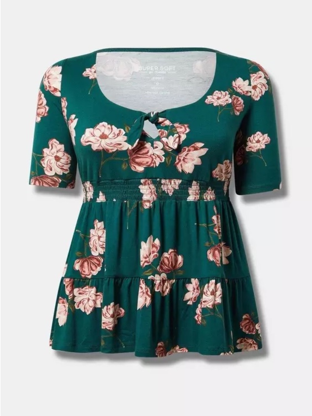 Torrid Super Soft Knit Teal Floral Tie-Front Babydoll Peplum Top 3X